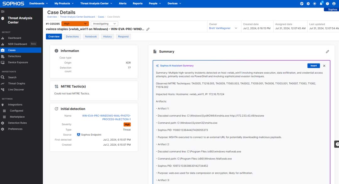 AI Case Summary in Sophos XDR - zeigt eine zusammenfassende Darstellung von Bedrohungen