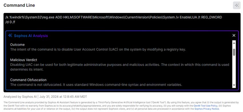 AI Command Analysis in Sophos XDR - analysiert Befehlszeilen und erklärt ihre Sicherheitseffekte