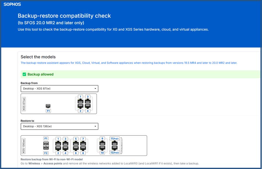 Der Sophos Backup-restore Compatibility Check zeigt ob Firewall Appliances gesichert und/oder wiederhergestellt werden können.